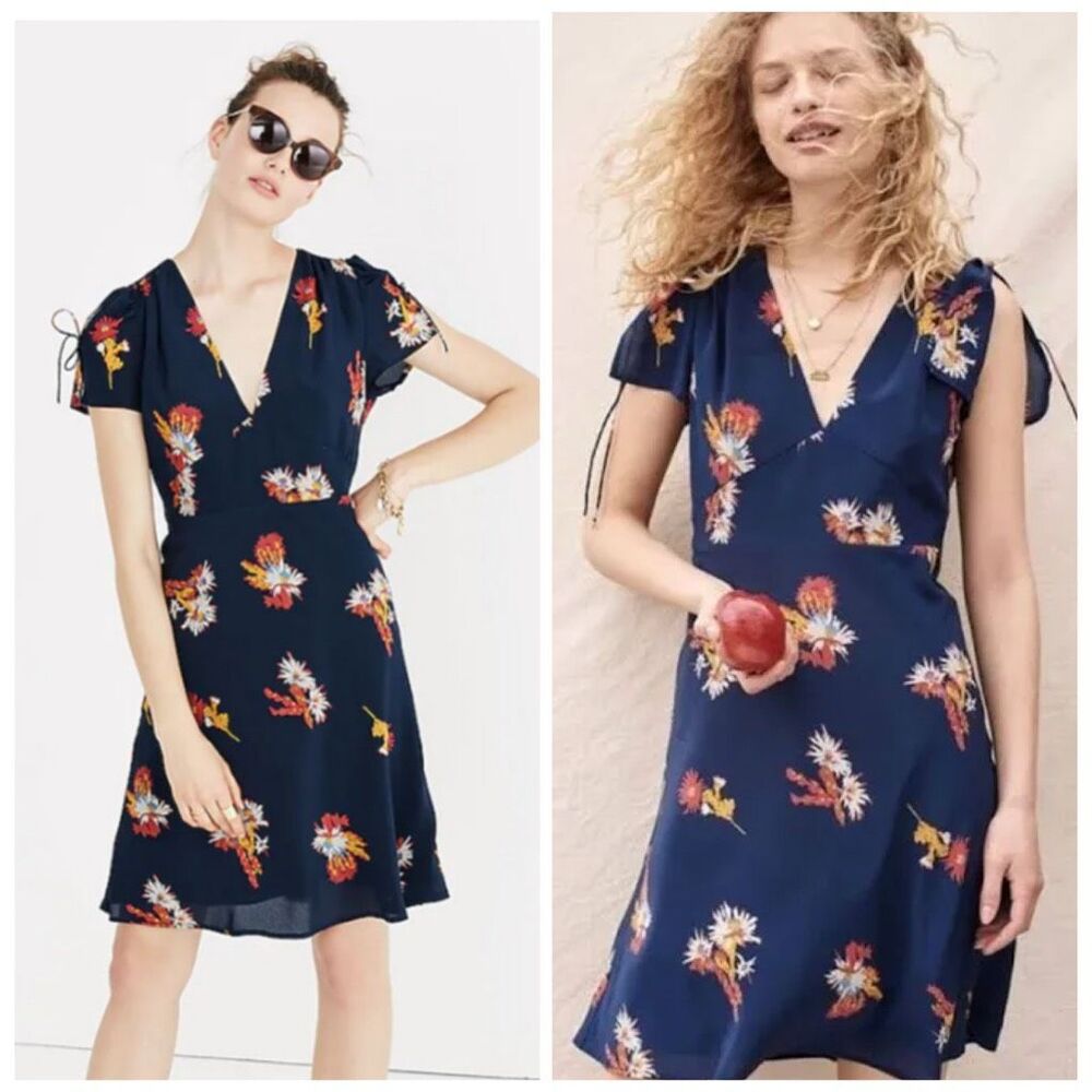 Madewell Silk Poppy A-Line Cactus Flower Floral Dress Navy Blue Size 4 Feminine